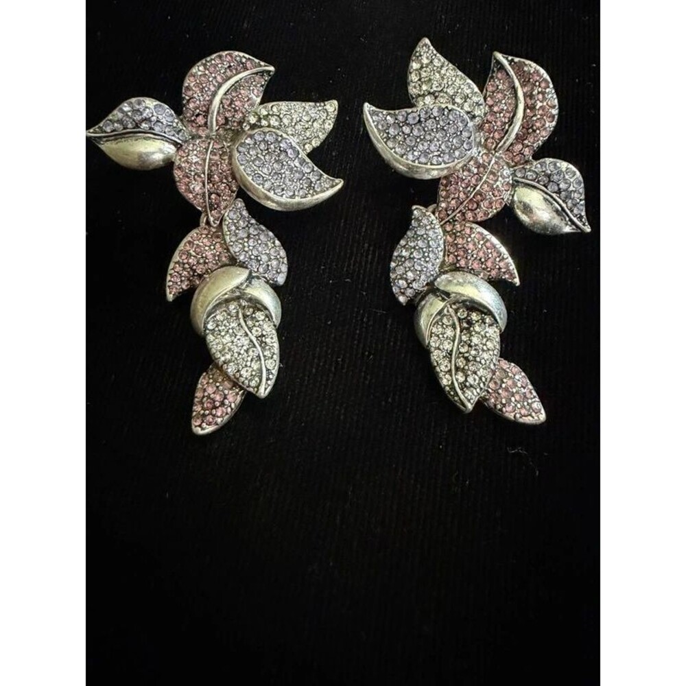 Vintage Pink Lavender Rhinestone Leaf Cluster Earrings - 1980s 1990s